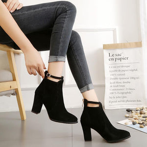 Women buckle strap back zipper ankle chunky high heel boots