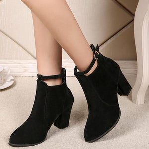 Women buckle strap back zipper ankle chunky high heel boots