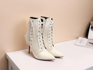 Women criss cross lace up pointed toe stiletto heeled booties