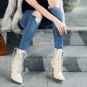Women criss cross lace up pointed toe stiletto heeled booties