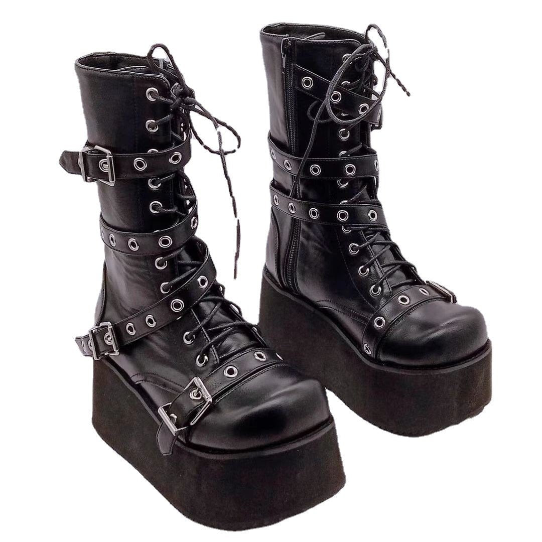 Women chunky platform lace up short black motorcycle boots