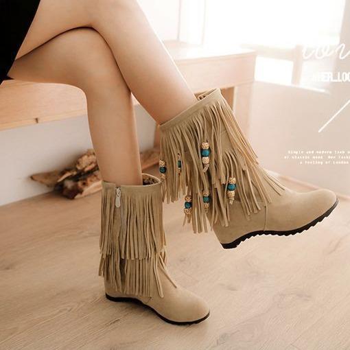 Women mid calf side zipper beaded fringe boots