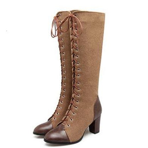 Women chunky high heel side zipper lace up knee high boots