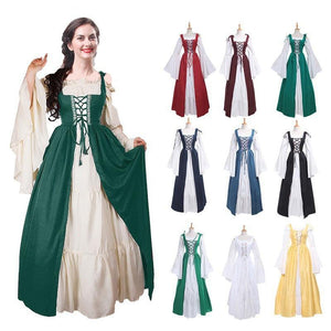 Female's Vintage Medieval Trumpet Sleeves Square Neck Large Swing Long Dress | Renaissance Evening Gowns