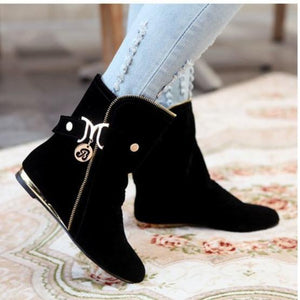 Women fashion buckle strap side zipper short flat boots