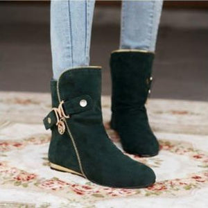 Women fashion buckle strap side zipper short flat boots