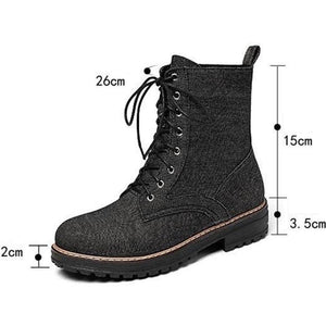 Women low heel denim short concise lace up boots