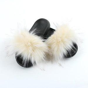 Women furry slides flat slip on fuzzy summer slippers