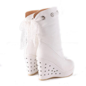 Women mid calf back cute lace studded wedge boots