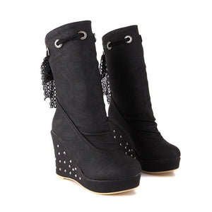 Women mid calf back cute lace studded wedge boots