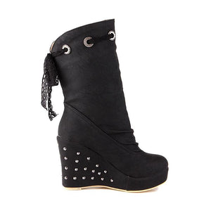 Women mid calf back cute lace studded wedge boots