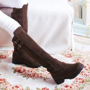 Women chunky heel platform double buckle strap slip on knee high boots