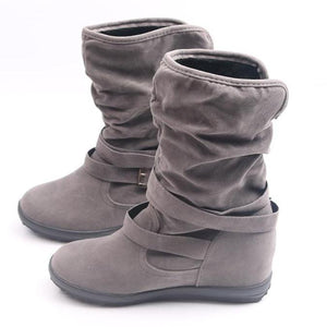 Women winter lining faux fur double buckle strap short flat boots