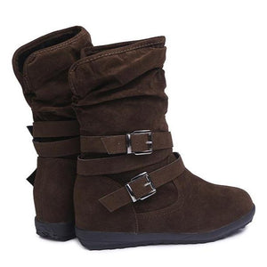 Women winter lining faux fur double buckle strap short flat boots