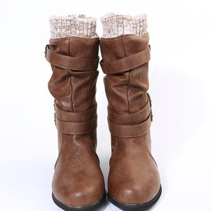 Women winter slip on chunky heel buckle straps mid calf boots