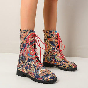 Women short chunky heel flowers embroidered lace up boots
