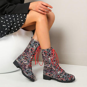 Women short chunky heel flowers embroidered lace up boots