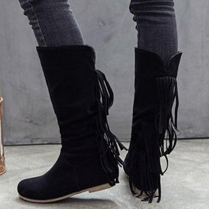 Women knee high flat low heel solid color fringe boots