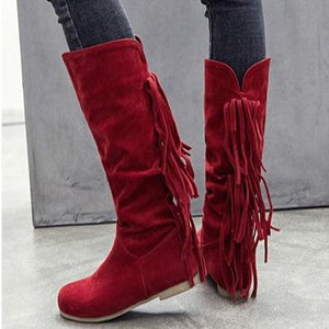 Women knee high flat low heel solid color fringe boots