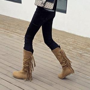 Women knee high flat low heel solid color fringe boots