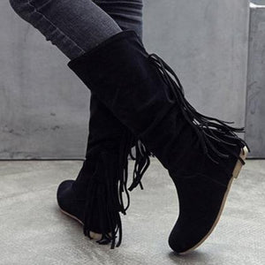 Women knee high flat low heel solid color fringe boots