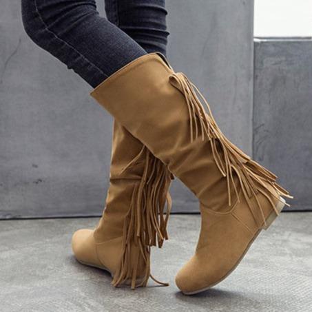 Women knee high flat low heel solid color fringe boots