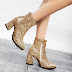 Women pointed toe chunky heel side zipper sequin glitter booties