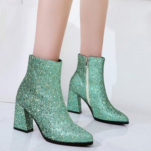 Women pointed toe chunky heel side zipper sequin glitter booties