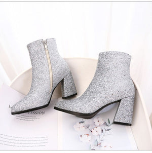 Women pointed toe chunky heel side zipper sequin glitter booties