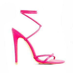 Women lace up strappy clip toe neon color stiletto heels