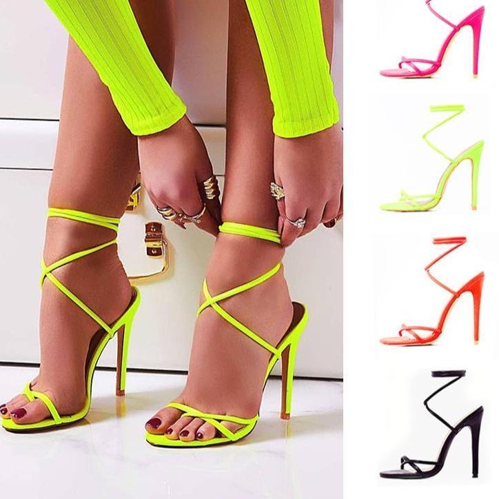 Women lace up strappy clip toe neon color stiletto heels