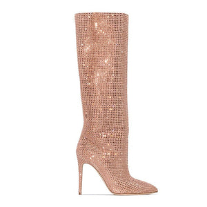 Women knee high pointed toe stiletto fashion rhinestone boots