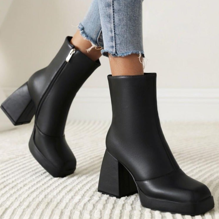 Women short go go boots square toe chunky high heel platform boots