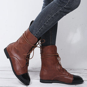 Women England style pointed toe lace up low heel booties