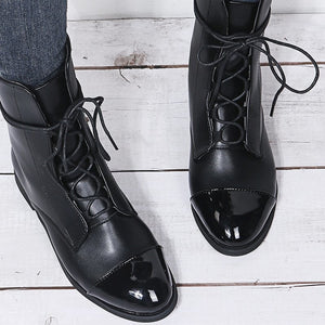 Women England style pointed toe lace up low heel booties