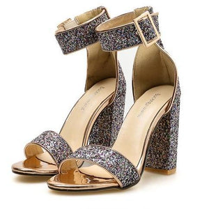 Women sparkly rhinestone peep toe ankle buckle strap chunky high heels