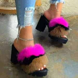 Women fuzzy strap chunky heel platform slide heeled mules