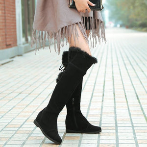 Women winter fuax fur warm flat heel over the knee snow boots