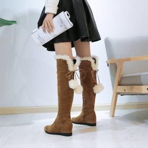 Women winter fuax fur warm flat heel over the knee snow boots