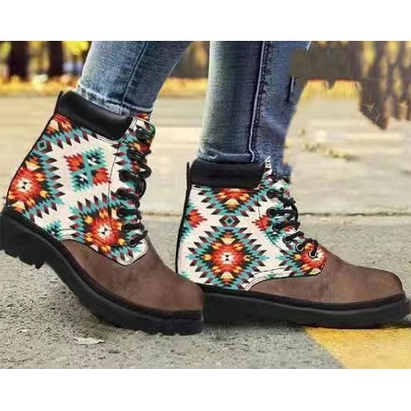 Women casual lace up color block round toe thick sole short boots