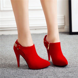 Women rhinestone strap side zipper faux suded pointed toe stiletto ankle boots