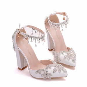 Women bridal rhinestone flower pointed toe side cut chunky wedding heels