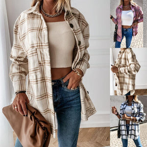 Women fashion loose turn-down collar fall plaid coat