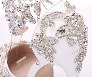 Women rhinestone platform stiletto side cut chain strap wedding heels