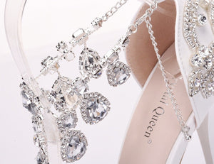 Women rhinestone platform stiletto side cut chain strap wedding heels