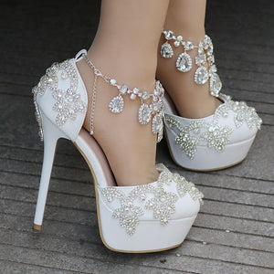 Women rhinestone platform stiletto side cut chain strap wedding heels