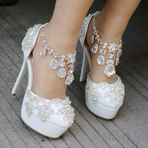 Women rhinestone platform stiletto side cut chain strap wedding heels