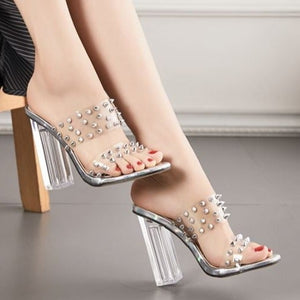 Women studded clear two strap open toe slide chunky heels