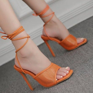 Women square peep toe stiletto slingback lace up strappy heels