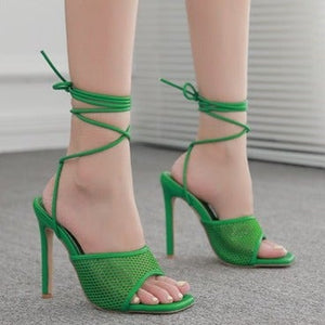 Women square peep toe stiletto slingback lace up strappy heels